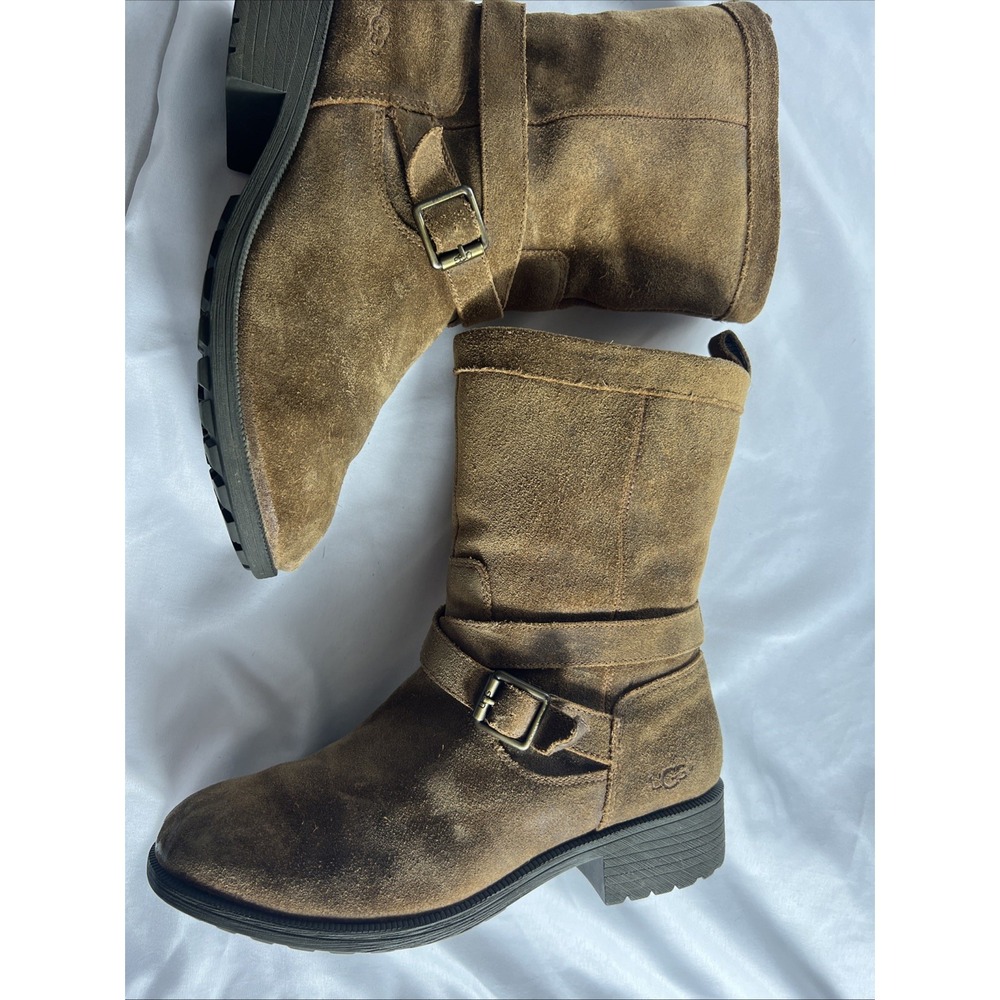UGG Australia Glendale Chestnut Suede Buckle Mid-Calf Zipper Boots  Women's 9.5 - Picture 5 of 14
